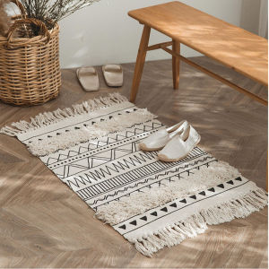 Boho Moroccan Geometric Tassel Rug Cotton Polyester Blend Tufted Cream Beige Bedside Floor Mat Washable Low Pile Woven Area Rug for Bedroom Living Room Balcony Homestay