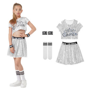 LOlanta ชุดยูนิฟอร์มปักเลื่อมเชียร์สำหรับเด็กชุดครอปท็อปเสื้อแขนสั้นสำหรับเด็กหญิงชุดกระโปรงเครื่องแต่งกายสตรีทการเต้นแจ๊สอายุ5-12ปีจำนวน4ชิ้น