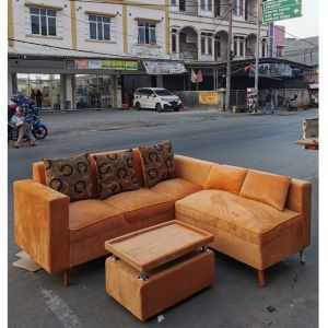 (FREE ONGKIR) Sofa L Minimalis Kaki Kayu/ Sofa L Putus Retro/ Sofa L Santai Bahan Beludru Halus