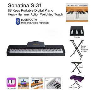 Exam Grade/Master Grade High Quality Portable 88 Keys Digital Piano Exam Touch Develop Finger Strength Fully Weighted Full Size Key Heavy Hammer Action Weighted Touch Keys Bluetooth MIDI Bluetooth Audio Piano APP Sonatina S-31 Complete Package