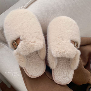 WY-XIXITIAO Fashion Casual Flat Toe Fluffy Shoes Korean Style Interior Home Fleece-lined Warm and Simple Cotton Slippers Lady Student
