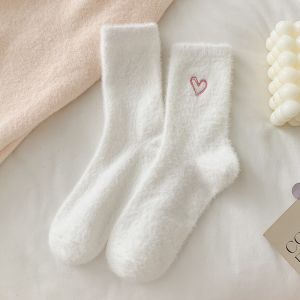 Fluffy Mink-like Mid-Calf Socks for Women with Embroidered Heart Design Warm and Soft Autumn/Winter Sleep Socks