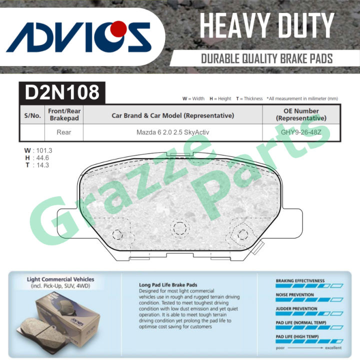 Advics Aisin Heavy Duty Disc Brake Pad Rear D2N108Y for Mazda 6