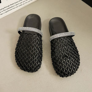 [Free Shipping] 2026 New Rhinestone Woven Fishnet Sandals For Women Summer Outdoor Wear Thick-Soled Hollow Mesh Open-Toe Half Slippers Soft Sole