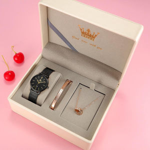 OLEVS  Jam Tangan Wanita  Kuarsa Terbaru Set Kombinasi Kalung  Gelang Kalender Tali Baja Tahan Karat Tahan Air Fashion Kasual