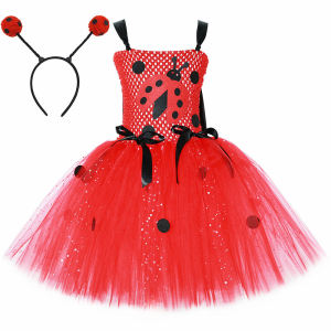 11.11 Sequined Red Insect Fancy Tutu Outfit Decorated Dark Dot Patterns Great for Outdoor Parades and Birthday Role Play Gatherings h2610