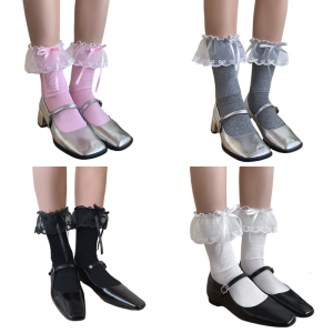 Elegant Bowknot Decorated Ankle Socks for Women and Girls Sweet Sheer Ruffle Mesh Splicing Hosiery for Various Outfits