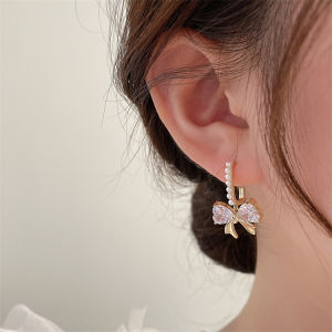 Frascati Girls Sweet Shiny Crystal Bow Pearl Drop Earrings Korean Fashion Jewelry For Woman Party Elegant Accessories