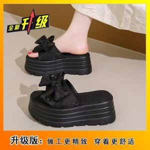 Free Shipping High-Heeled Slippers With Thick Soles For Women Perfect For Summer Outings 2026 New Style Versatile And Elegant With A Bow Design Suitable For Petite Women
