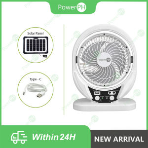 POWERPH 8 Inch Rechargeable Solar Electric Fan with 4W Solar Panel Dual LED Lights And USB Charging Port