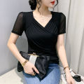 YIMEI Fashion short-sleeved mesh top Women's 2023 summer new design sense Slim fit sexy V-neck top Khaki T-shirt. 