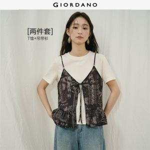 GIORDANO Women T-Shirts Fake Two-Piece Paisley Camisole Tee Short Sleeve Layer Fashionable Casual T-Shirts 18326827