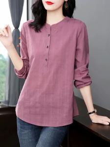 100% Cotton Round Neck Long Sleeve Loose Womens Top