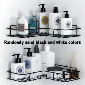 1pc Black or white home Bathroom wall mounted iron bracket with hook multifunctional hollow storage rack Not easy to rust