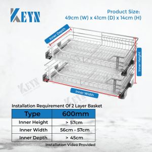 KEYN 304 Stainless Steel 600mm/700mm/800mm/900mm Build In Double Layer Dish Bowl Cutlery Rack With Pull Out Basket