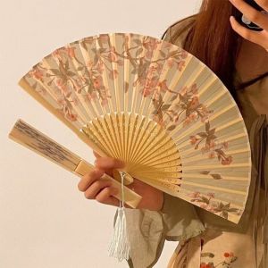 FOUNDTWO Chinese Style Folding Fan Flower Pattern Decorative Handheld Fan Portable with Tassel Bamboo Fan Dance Performance