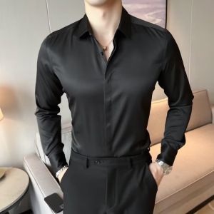 ali9 Business Gentleman Satin Mens Long-Sleeved Shirt Spring and Autumn Fashion Yupi Mens High-End Silk Slip White Shirt