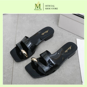 Marche Womens Patent Leather Metal Buckle Slide Sandals Square Toe Open-Toe Flat Slippers