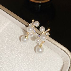good 999 18k gold Fashionable French Style Pearl Zircon Personalized Womens Earrings ES69182