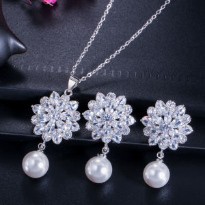 SEQUITO Elegant Dinner Party Pendant Necklace Dangle Earrings Sets Exquisite Women White Gold Color Paved Sparkly AAA Cubic Zircon Flower Pearl Drop Jewelry Set for Lady SJ298