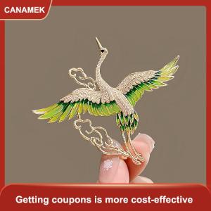 【CANAMEK 】 Chinese Style Elegant Rhinestone Green Enamel Wings Crane Clouds Brooches For Women Girls Flying Birds Lapel Pins Party Jewelry
