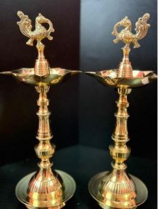 PERMIUM BRASS PEACOCK KUTHU VILAKKU PAIR - TRADITIONAL ANTIQUE FINISH POOJA LAMPS [SIZE 12INCH]