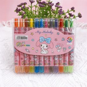 12Pcs Sanrio Cartoon Graffiti Pen Kuromi My Melody Cinnamonroll Rotate Scalable Color Crayon Cartoon Art Colored Pencil Drawing Graffiti Pen Kids Crayon Marker Pen