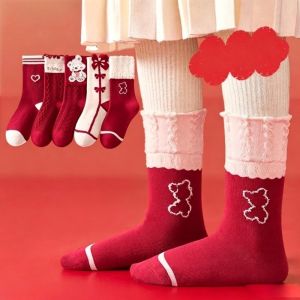 DOWNA Màu đỏ. Tất dài đến giữa bắp chân Viền ren Vải cotton mềm mại. Tất cho bé gái. Ấm cúng Trọng lượng mùa đông Tất cotton Dành cho các bé gái.