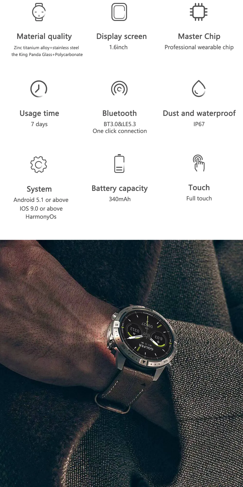 Aolon GT5 Pro 1.6 นิ้ว นาฬิกา สมาร์ทวอทช์ เข็มทิศ smartwatch จอใหญ่ 100+ โหมดกีฬา โทรผ่านบลูทูธ IP67 กันน้ํา นาฬิกาวิ่ง