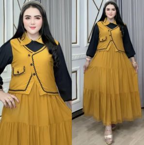 Dress Tarina Rompi Katun Rayon Twill Ld 110 Pb 120cm Busui Lengan Panjang Kra Leher Tali Pinggang