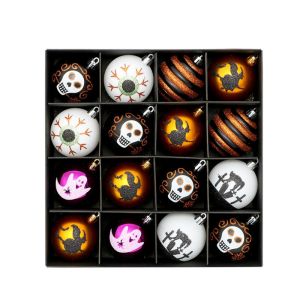 YIYU STUDIO 16Pcs/Set 6cm  Dây Trang Trí Halloween Đã sơn Nhựa Đồ trang trí quả cầu Halloween Sự quyến rũ của Halloween Vòng tròn Đồ trang trí treo cây Trang trí nhà cửa