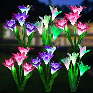 Solar Outdoor Garden Lights with 4 Bigger Lily Flowers Waterproof 7 Color Changing Outdoor Lights Garden H20