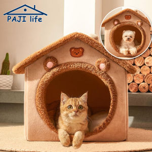Cat Bed Dog House Gray Soft Plush Detachable Semi Enclosed Foldable Warm Cat Villa Pet Nest Four Season Universal Pet Supplies