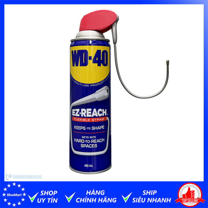 Dầu chống rỉ WD-40 EZ-Reach 450ml, bôi trơn, bảo dưỡng đa năng với vòi uốn cong mọi hướng