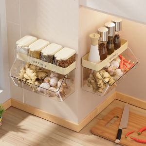 NIGHT PU Space-saving Condiment Jar Storage Rack Durable Plastic Kitchen Organizer Rack Kitchen Storage Shelf Wall-mounted Ginger Garlic Storage Box Bathroom