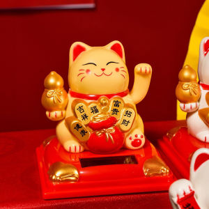 Waving Lucky Cat Solar Powered Cute Cat Good Luck Wealth Welcoming Cat Home Office Display Car Decor