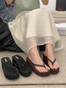 [Free Shipping] Korean-style double-strap flip-flops for women thick-soled beach sandals 7CM high heel non-slip and soft