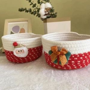 EGRT Đa chức năng Giỏ đựng đồ dùng cho dịp Giáng sinh. Dây thừng bện từ sợi bông. Ông già Noel Giỏ đựng kẹo Hoạt hình Nhẹ Bộ dụng cụ sắp xếp đồ dùng để bàn. Quà Giáng sinh