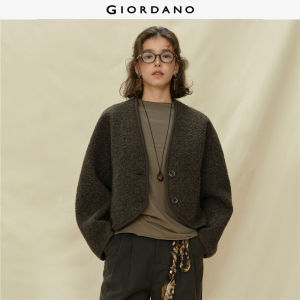 Giordano Women Two-Tone Bouclé Wool-Blend Jacket with V-Neck & Set-In Sleeves Free Shipping 18375216