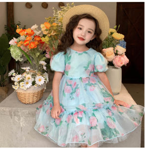 Đầm váy babydoll tay phồng cho bé gái hoa hồng diện đi chơi đi học du lịch đẹp size 12-40kg hàng thiết kế