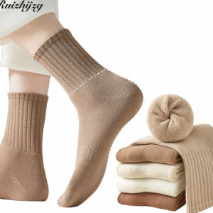 Ruizhijzg Hàng sẵn có cotton vớ cho Phụ nữ mùa đông ấm sọc dày vải lông và tất thoải mái phụ nữ cô gái vừa vớ ống vớ sàn trượt tuyết tất màu trơn