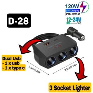Socket Lighter Splitter Car 120W USB PD Fast Charger Extension