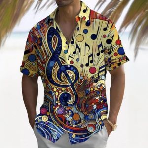 ZEEMIN  3d Music Symbol Print Hawaiian Shirts For Men Short Sleeve Shirt Summer Beach Casual Man Clothing Loose Oversized Men Shirt Tops