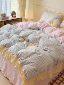 Lace Korean Style Lotus Leaf Washed Cotton Bedding Set for Girls Princess Student Dormitory Bed Sheet Quilt Cover Three-Piece Set LZD