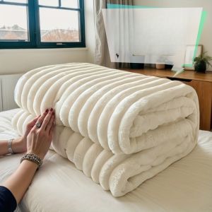 【Super low price】Premium Ultra-Soft Double Sofa Blanket Elastic Striped Plush Beige Throw for Living Room Bedroom Sofas  All-Season