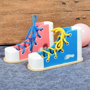 BEIBEI Tie Shoes Wooden Shoelace Toys Lacing Sneaker Lacing Shoes Montessori Tie-Up Shoe Puzzle Toy Creative Wood Wearing Shoes with Shoelaces Toy Kids Gift