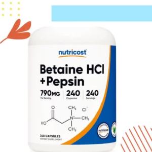 Nutricost 240 Capsules Betaine HCl + Pepsin Nutritional Supplement Natural Digestive Enzyme Formula Help Maintain Digestive Tract Wellness For Daily Meal Nutrition Support Care