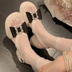 [Free Shipping] Pearl Bow Thick-Soled Sandals Slimming Versatile Open-Toe Stylish High-Heel Rhinestone Sandals 888