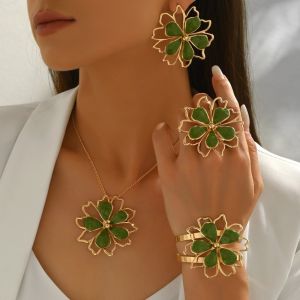 MING1996 5 pcs/set Hollowed-Out Design Flower Jewelry Set Drip Oil Alloy Statement Costume Jewelry French Style Enamel Finish Earrings Necklace Bracelet Ring Women