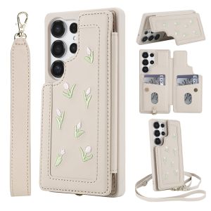 Case For Samsung Galaxy S25 S24 S23 Ultra / S25 S24 S23 Plus Beautiful Flower Card Slot Leather Back Casing